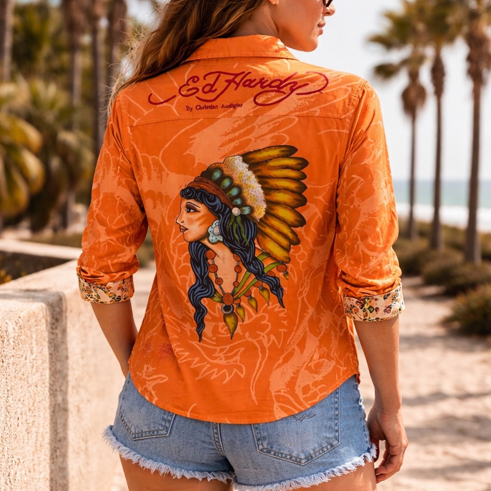 Ed Hardy Orange Tattoo Graphic Button Down Y2K Western Shirt L